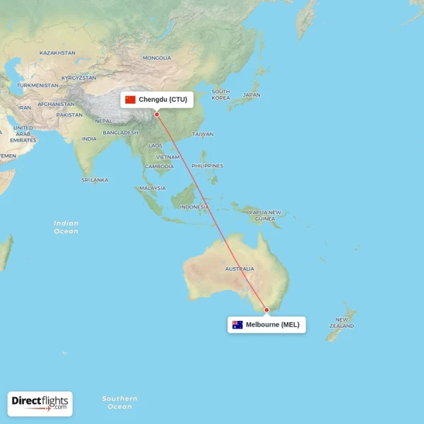 Chengdu - Melbourne direct flight map