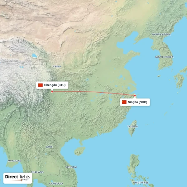 Chengdu - Ningbo direct flight map