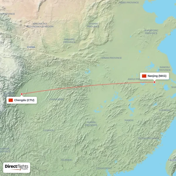 Chengdu - Nanjing direct flight map