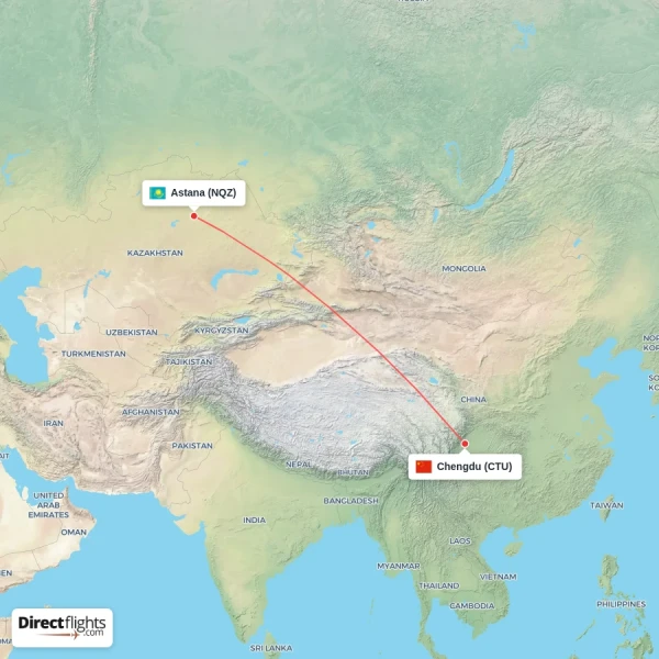 Chengdu - Astana direct flight map