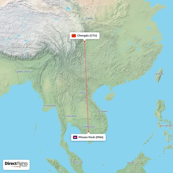 Chengdu - Phnom Penh direct flight map