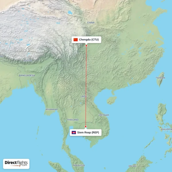 Chengdu - Siem Reap direct flight map