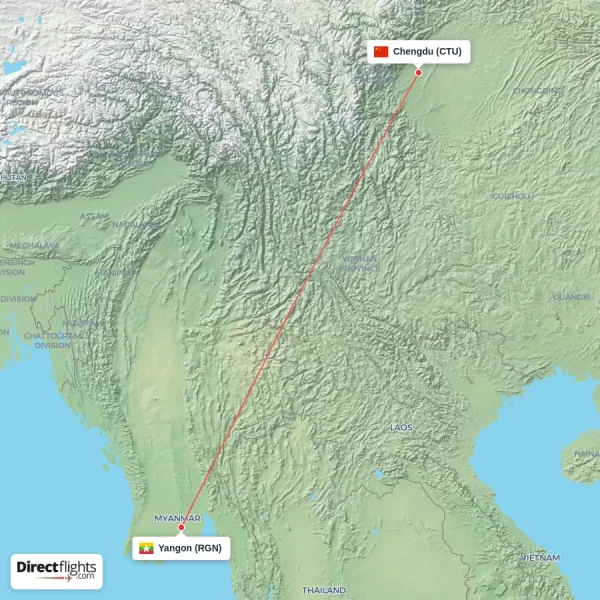 Chengdu - Yangon direct flight map