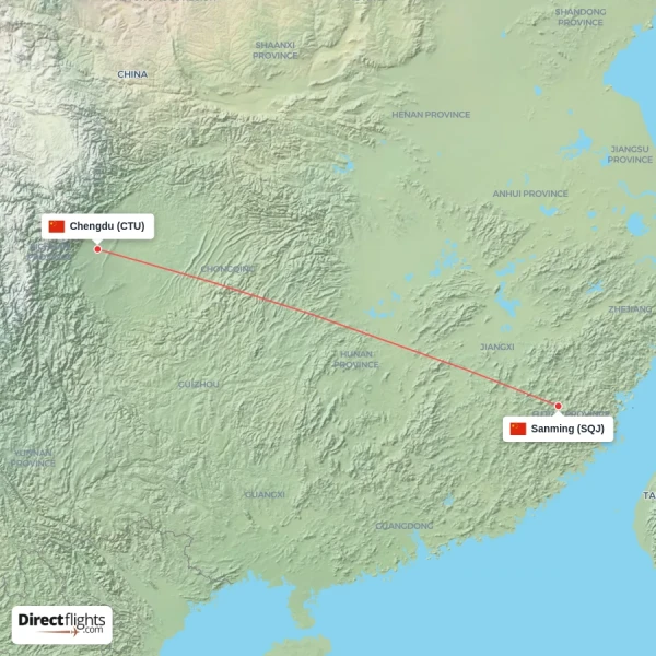 Chengdu - Sanming direct flight map