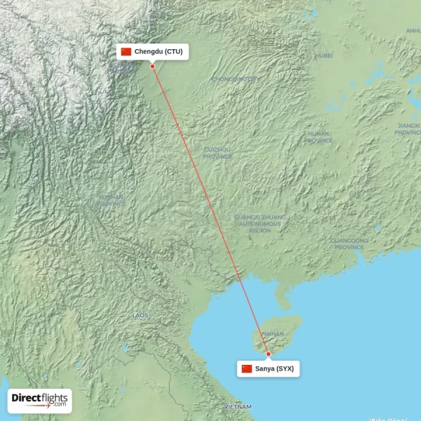 Chengdu - Sanya direct flight map