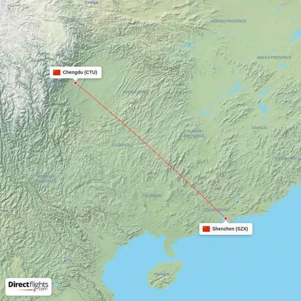 Chengdu - Shenzhen direct flight map