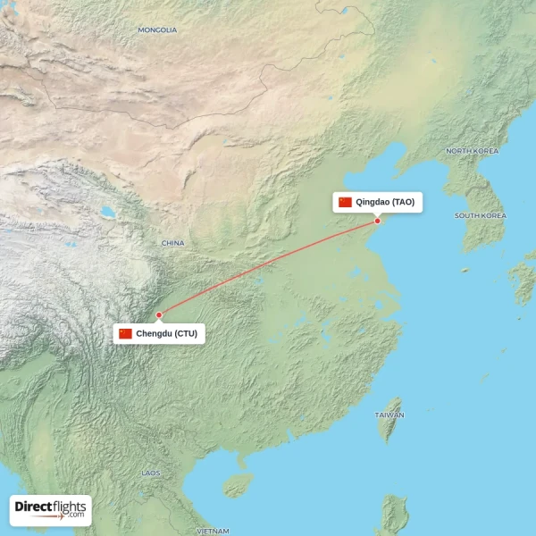 Chengdu - Qingdao direct flight map