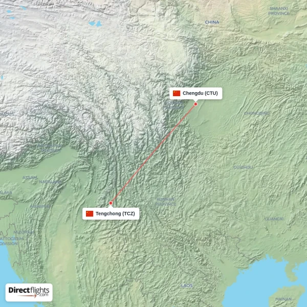 Chengdu - Tengchong direct flight map