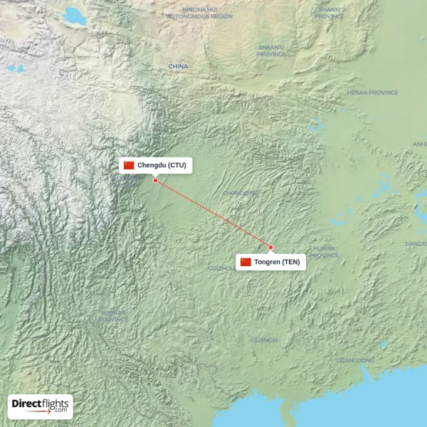 Chengdu - Tongren direct flight map