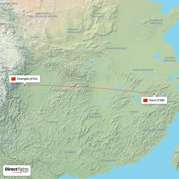 Chengdu - Tunxi direct flight map