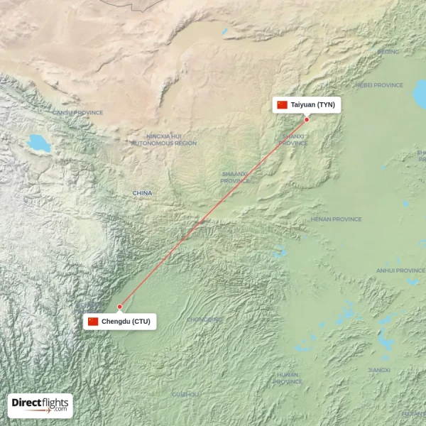 Chengdu - Taiyuan direct flight map