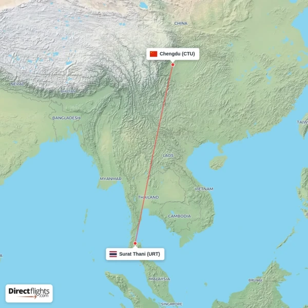 Chengdu - Surat Thani direct flight map