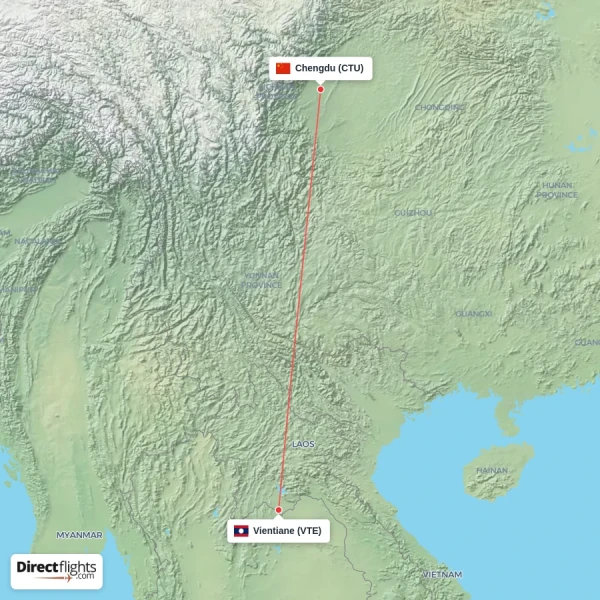 Chengdu - Vientiane direct flight map
