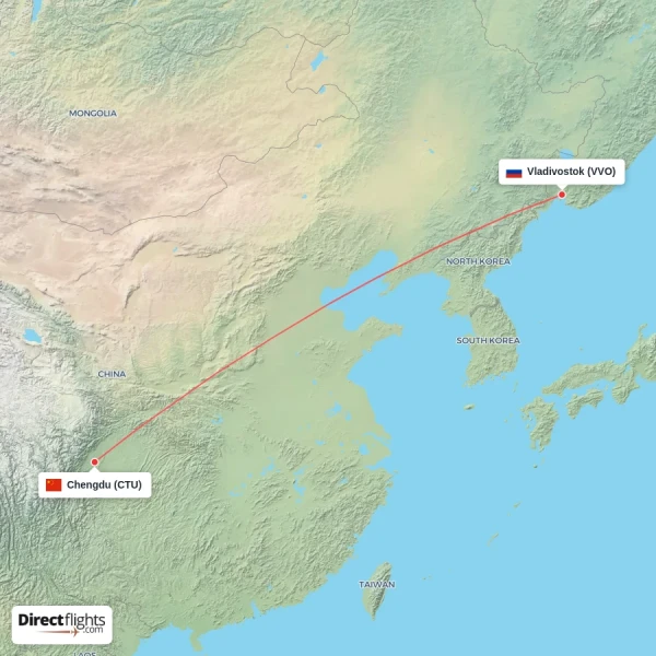 Chengdu - Vladivostok direct flight map