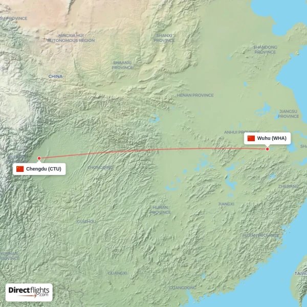 Chengdu - Wuhu direct flight map