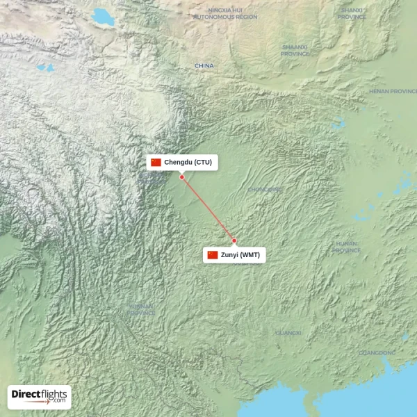 Chengdu - Zunyi direct flight map