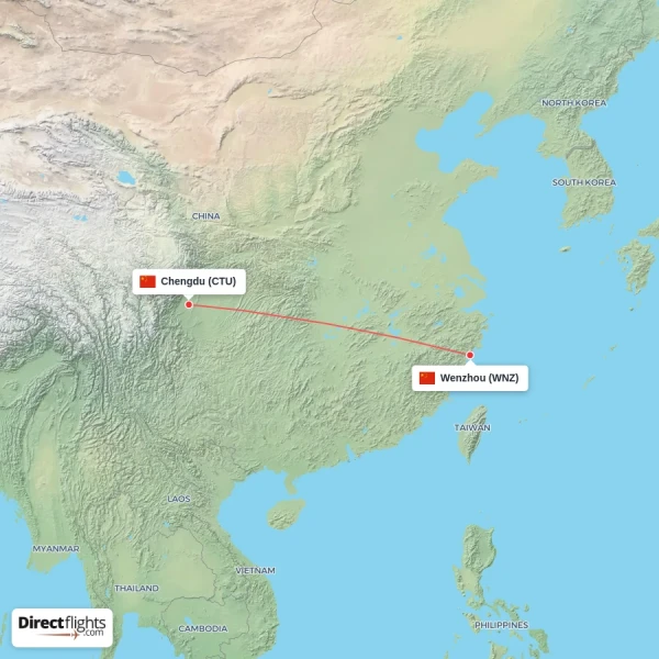 Chengdu - Wenzhou direct flight map