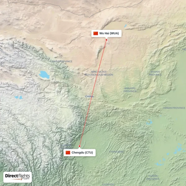 Chengdu - Wu Hai direct flight map