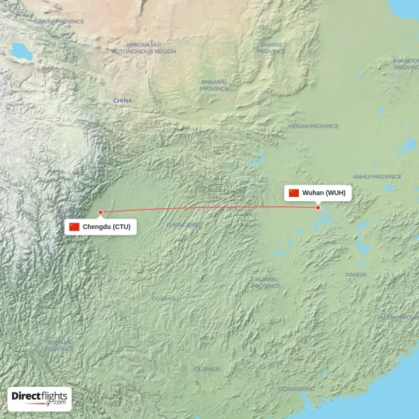 Chengdu - Wuhan direct flight map