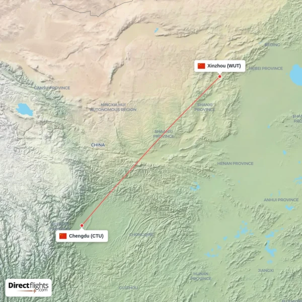 Chengdu - Xinzhou direct flight map