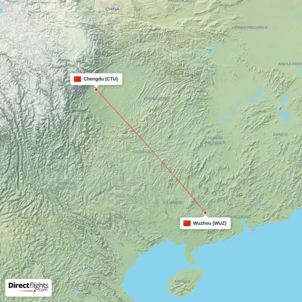 Chengdu - Wuzhou direct flight map