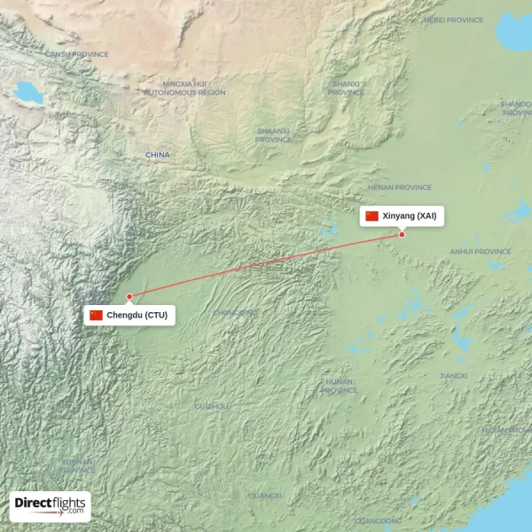 Chengdu - Xinyang direct flight map