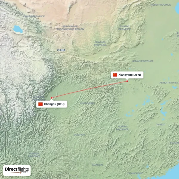 Chengdu - Xiangyang direct flight map