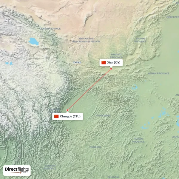 Chengdu - Xian direct flight map