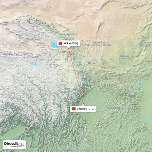 Chengdu - Xining direct flight map