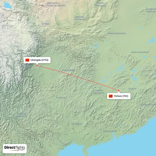 Chengdu - Yichun direct flight map