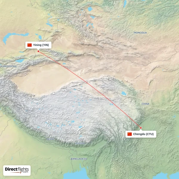 Chengdu - Yining direct flight map