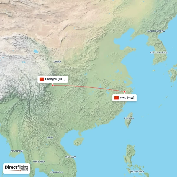 Chengdu - Yiwu direct flight map