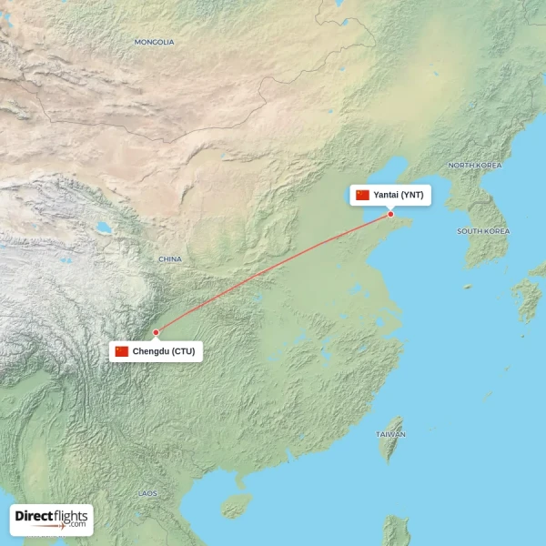 Chengdu - Yantai direct flight map
