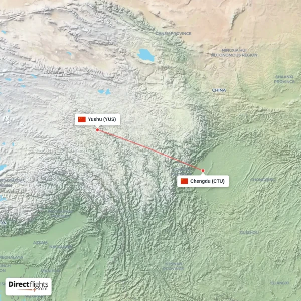 Chengdu - Yushu direct flight map
