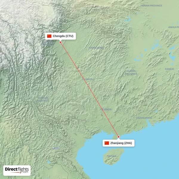 Chengdu - Zhanjiang direct flight map