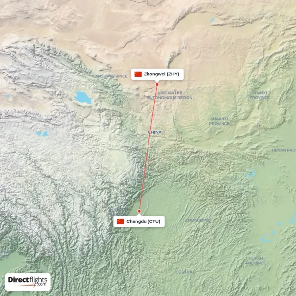 Chengdu - Zhongwei direct flight map