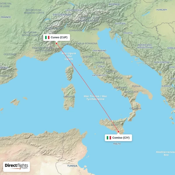 Cuneo - Comiso direct flight map