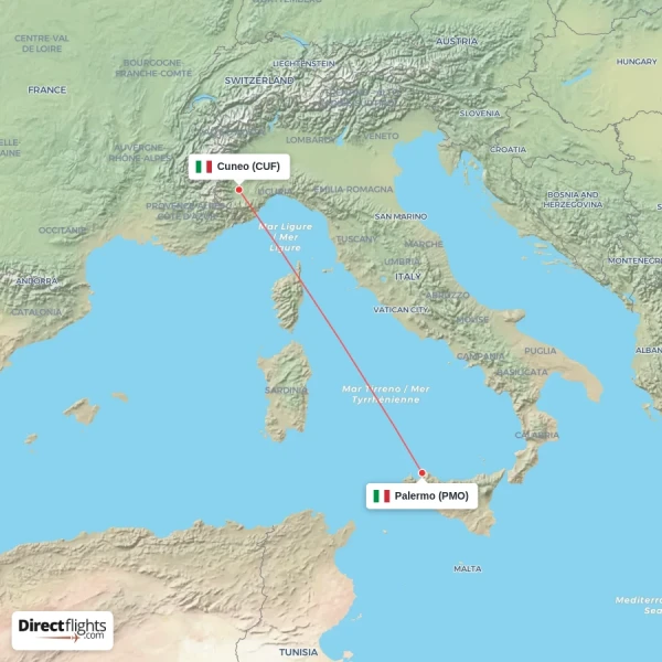 Cuneo - Palermo direct flight map
