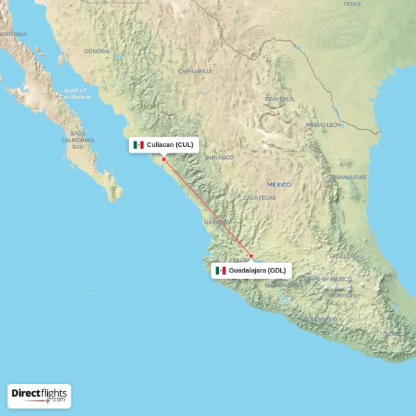 Culiacan - Guadalajara direct flight map