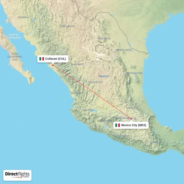 Culiacan - Mexico City direct flight map