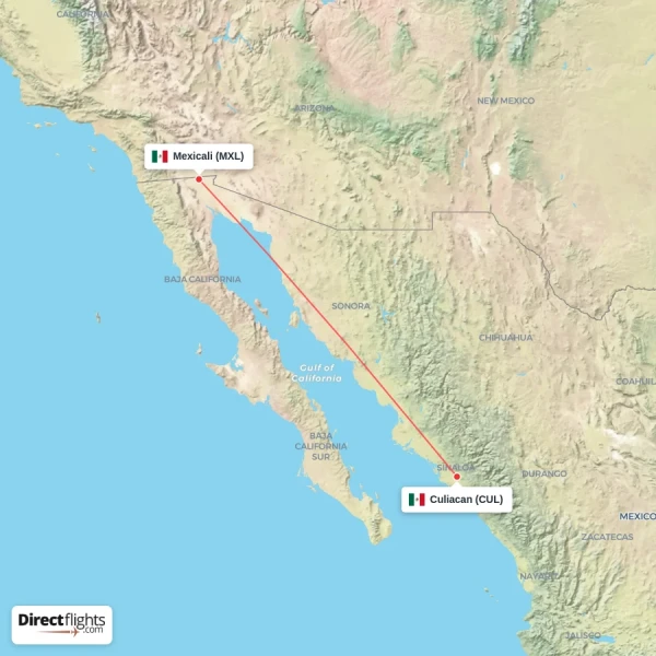 Culiacan - Mexicali direct flight map
