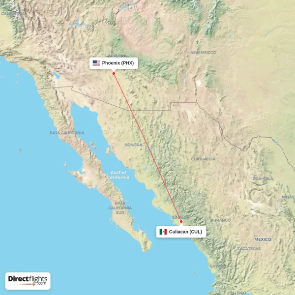 Culiacan - Phoenix direct flight map