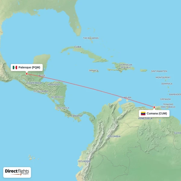 Cumana - Palenque direct flight map