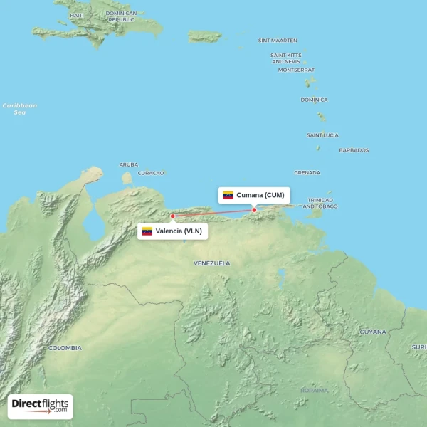 Cumana - Valencia direct flight map
