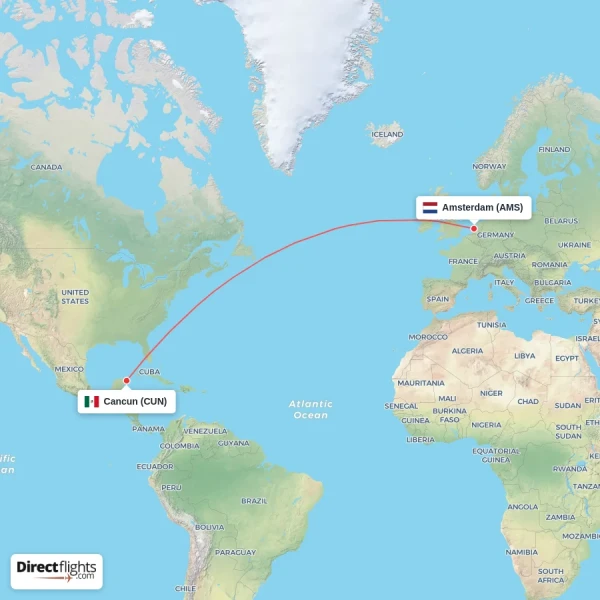 Cancun - Amsterdam direct flight map