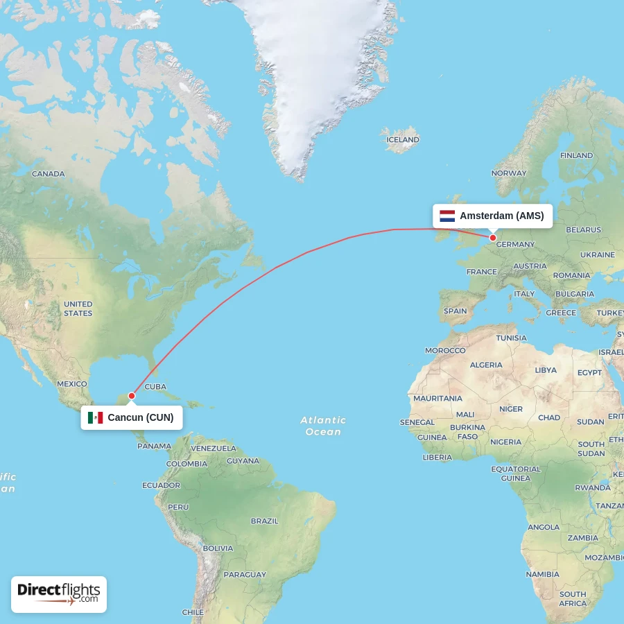 CUN - AMS route map