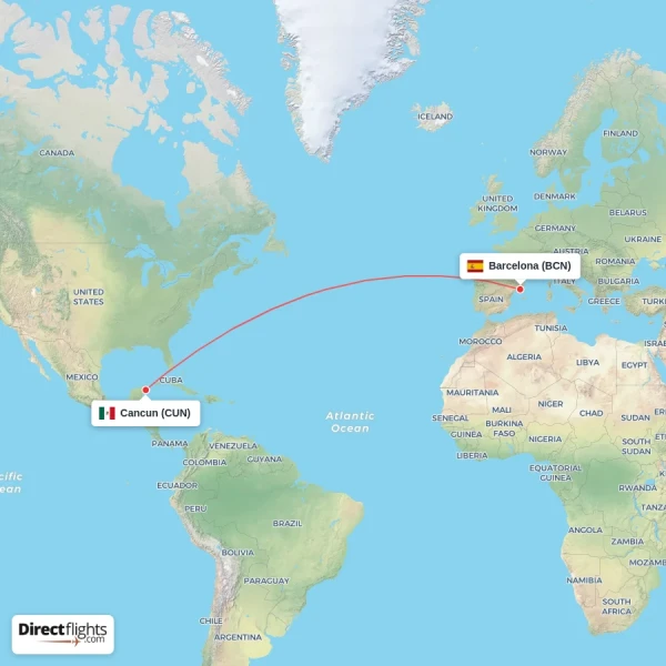 Cancun - Barcelona direct flight map