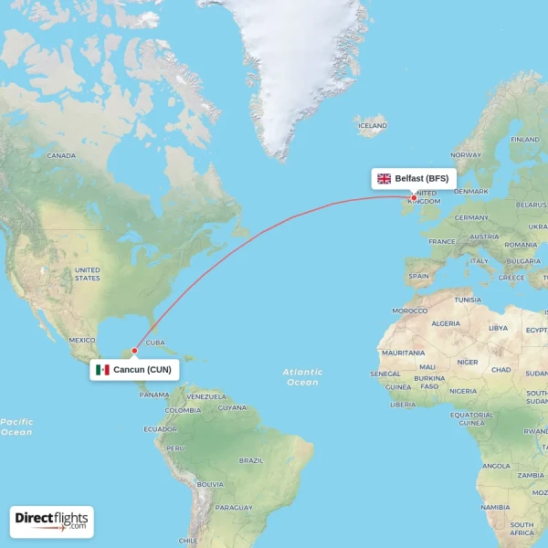 Cancun - Belfast direct flight map