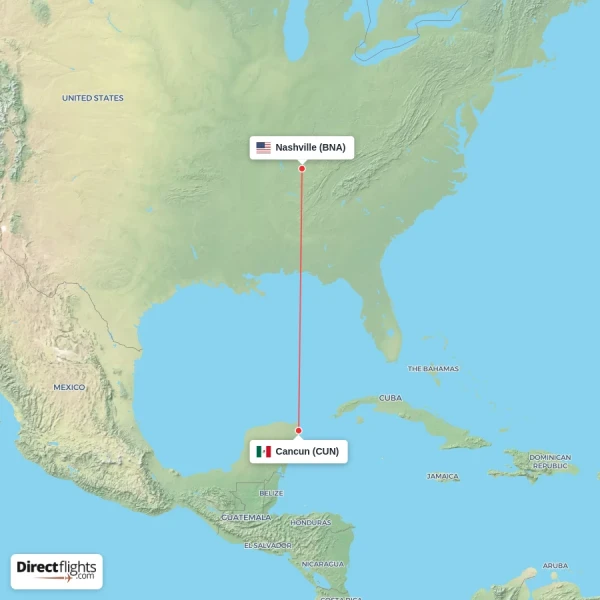 Cancun - Nashville direct flight map