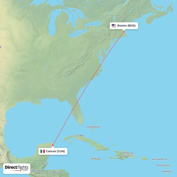 Cancun - Boston direct flight map